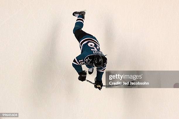 Dany Heatley of the San Jose Sharks shoots the puck before taking on the Chicago Blackhawks in Game One of the Western Conference Finals during the...