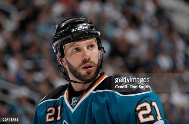 Scott Nichol of the San Jose Sharks waits for the faceoff against the Detroit Red Wings in Game Five of the Western Conference Semifinals during the...