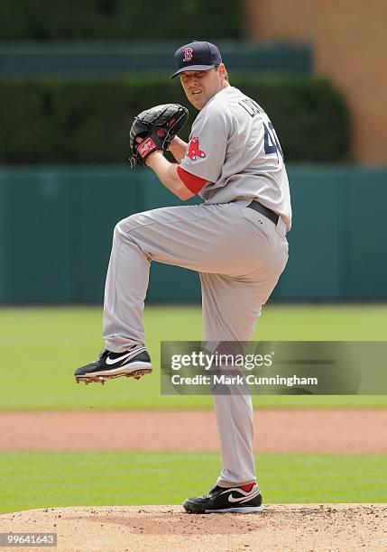 John Lackey of the Boston Red Sox pitches against the Detroit Tigers during the game at Comerica Park on May 16, 2010 in Detroit, Michigan. The...