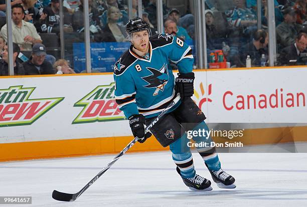 Joe Pavelski of the San Jose Sharks skates down the ice against the Detroit Red Wings in Game Five of the Western Conference Semifinals during the...