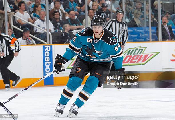 Jamie McGinn of the San Jose Sharks follows the puck against the Detroit Red Wings in Game Five of the Western Conference Semifinals during the 2010...