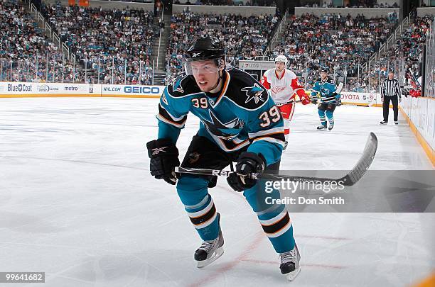 Logan Couture of the San Jose Sharks chases the puck against the Detroit Red Wings in Game Five of the Western Conference Semifinals during the 2010...