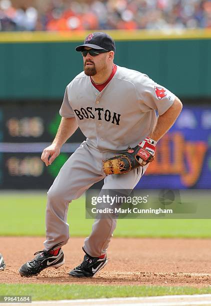 Kevin Youkilis of the Boston Red Sox fields against the Detroit Tigers during the game at Comerica Park on May 16, 2010 in Detroit, Michigan. The...