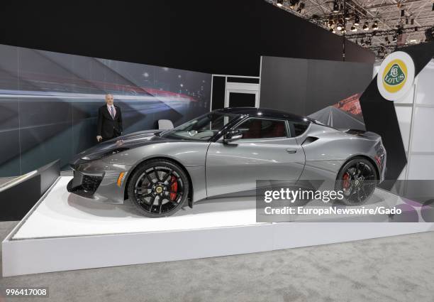 Luxury Lotus automobile on display at the 2017 New York International Auto Show at Jacob K Javits Convention Center, New York City, April 13, 2017.