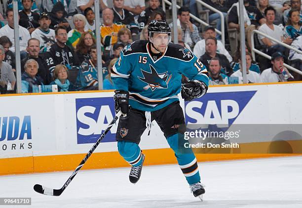 Dany Heatley of the San Jose Sharks follows the play against the Detroit Red Wings in Game Five of the Western Conference Semifinals during the 2010...