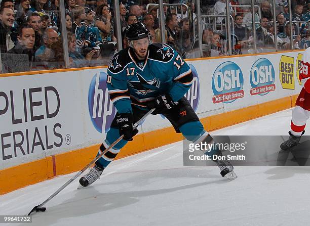 Torrey Mitchell of the San Jose Sharks looks to make a pass against the Detroit Red Wings in Game Five of the Western Conference Semifinals during...