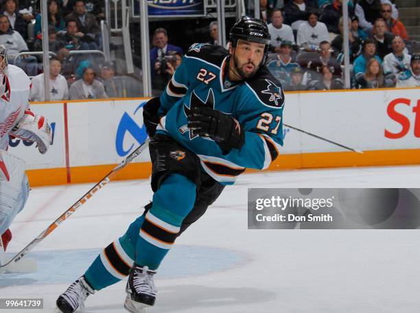 Manny Malhotra of the San Jose Sharks skates up the ice against the Detroit Red Wings in Game Five of the Western Conference Semifinals during the...