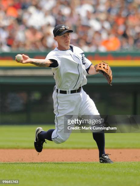 Brandon Inge of the Detroit Tigers throws to first base against the Boston Red Sox during the game at Comerica Park on May 16, 2010 in Detroit,...