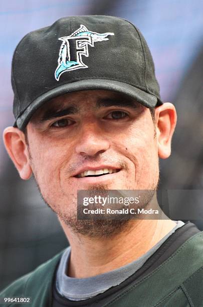 Jorge Cantu of the Florida Marlins during batting practice before a MLB game against the New York Mets in Sun Life Stadium on May 13, 2010 in Miami,...