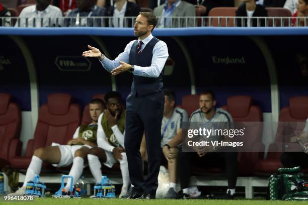 Coach Gareth Southgate of England during the 2018 FIFA World Cup Russia Semi Final match between Croatia and England at the Luzhniki Stadium on July...