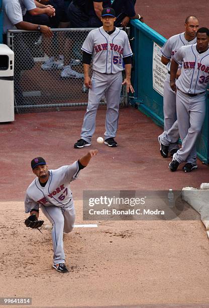 Pitcher Johan Santana of the New York Mets during batting practice before a MLB game against the Florida Marlins in Sun Life Stadium on May 13, 2010...