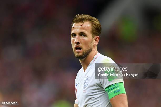 Harry Kane of England looks on during the 2018 FIFA World Cup Russia Semi Final match between England and Croatia at Luzhniki Stadium on July 11,...