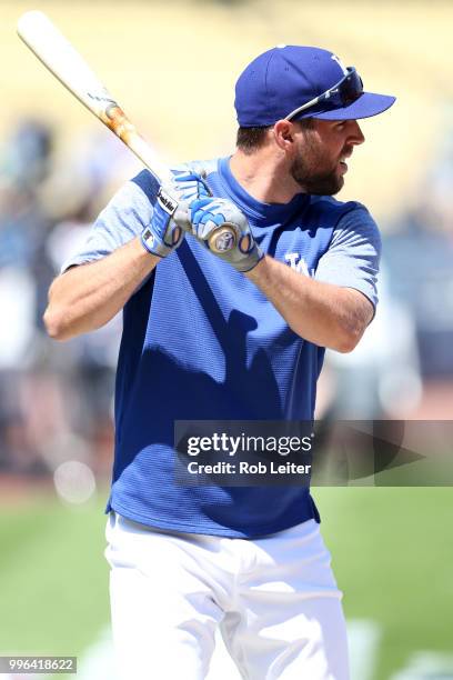 Chris Taylor of the Los Angeles Dodgers looks on before the game against the San Francisco Giants at Dodger Stadium on Thursday, March 29, 2018 in...