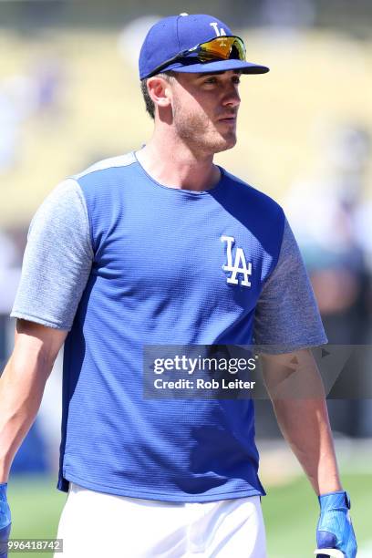 Cody Bellinger of the Los Angeles Dodgers looks on before the game against the San Francisco Giants at Dodger Stadium on Thursday, March 29, 2018 in...