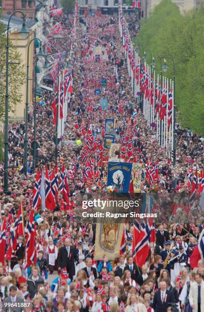 The Children's Parade moves towards The Royal Palace on May 17, 2010 in Oslo, Norway.