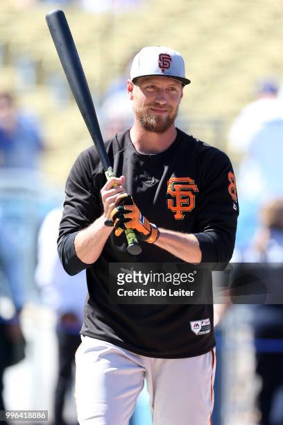 Hunter Pence of the San Francisco Giants looks on before the game against the Los Angeles Dodgers at Dodger Stadium on Thursday, March 29, 2018 in...