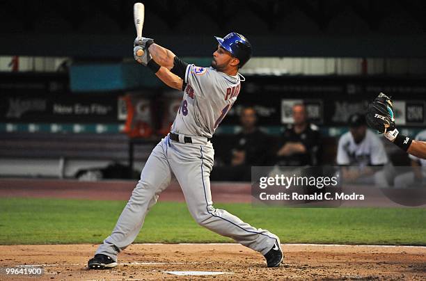 Angel Pagan of the New York Mets bats during a MLB game against the Florida Marlins in Sun Life Stadium on May 14, 2010 in Miami, Florida.