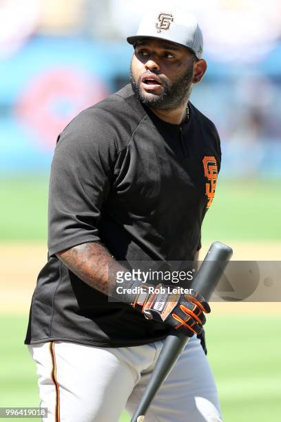 Pablo Sandoval of the San Francisco Giants looks on before the game against the Los Angeles Dodgers at Dodger Stadium on Thursday, March 29, 2018 in...