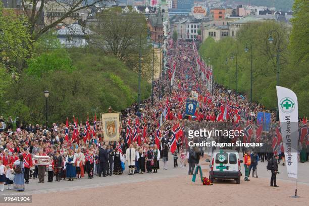 The Children's Parade moves towards The Royal Palace on May 17, 2010 in Oslo, Norway.