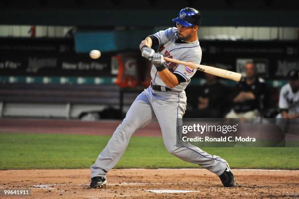 Angel Pagan of the New York Mets bats during a MLB game against the Florida Marlins in Sun Life Stadium on May 14, 2010 in Miami, Florida.