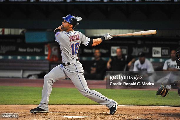 Angel Pagan of the New York Mets bats during a MLB game against the Florida Marlins in Sun Life Stadium on May 14, 2010 in Miami, Florida.