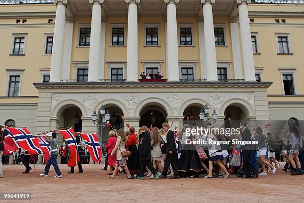 The Norwegian Royals watch the Children's Parade on Norway's National day on May 17, 2010 in Oslo, Norway.