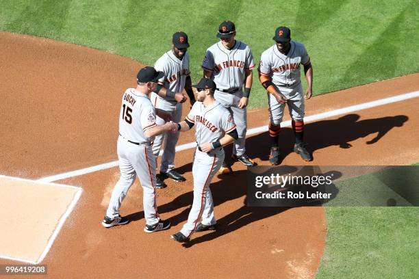 Evan Longoria of the San Francisco Giants is introduced before the game against the Los Angeles Dodgers at Dodger Stadium on Thursday, March 29, 2018...
