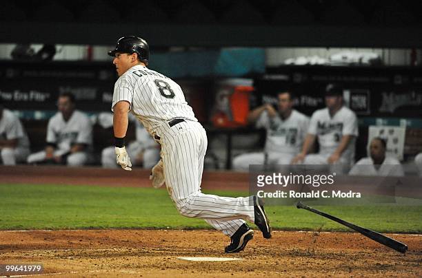 Chris Coghlan of the Florida Marlins bats during a MLB game against the New York Mets in Sun Life Stadium on May 13, 2010 in Miami, Florida.