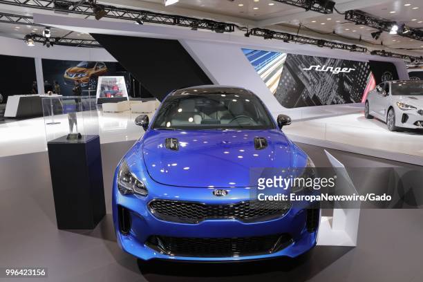 Blue Kia automobile on display at the 2017 New York International Auto Show at Jacob K Javits Convention Center, New York City, April 13, 2017.