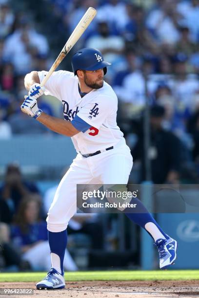 Chris Taylor of the Los Angeles Dodgers bats during the game against the San Francisco Giants at Dodger Stadium on Thursday, March 29, 2018 in Los...