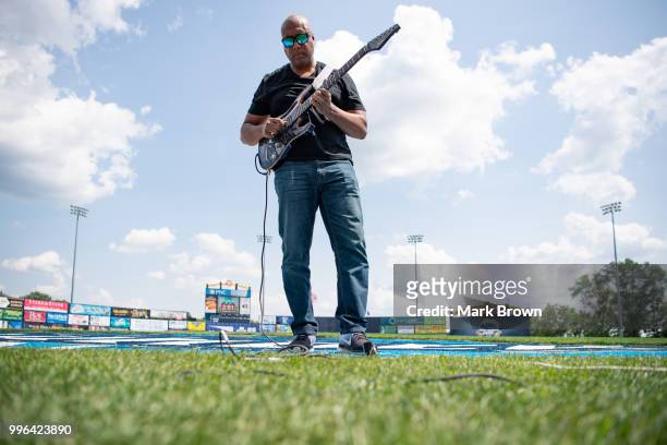 Former New York Yankee Bernie Williams rehearses the the National Anthem before the 2018 Eastern League All Star Game at Arm & Hammer Park on July...
