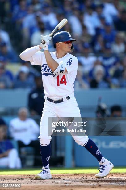 Kike Hernandez of the Los Angeles Dodgers bats during the game against the San Francisco Giants at Dodger Stadium on Thursday, March 29, 2018 in Los...