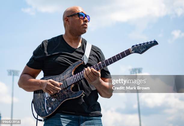 Former New York Yankee Bernie Williams rehearses the the National Anthem before the 2018 Eastern League All Star Game at Arm & Hammer Park on July...