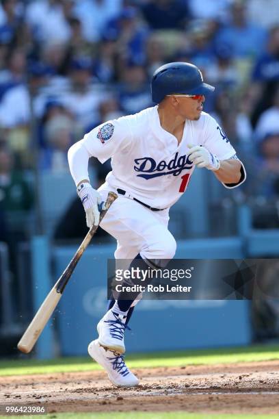 Kike Hernandez of the Los Angeles Dodgers bats during the game against the San Francisco Giants at Dodger Stadium on Thursday, March 29, 2018 in Los...
