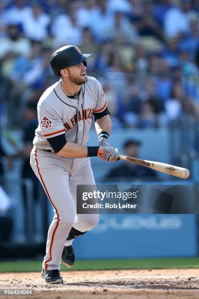 Evan Longoria of the San Francisco Giants bats during the game against the Los Angeles Dodgers at Dodger Stadium on Thursday, March 29, 2018 in Los...