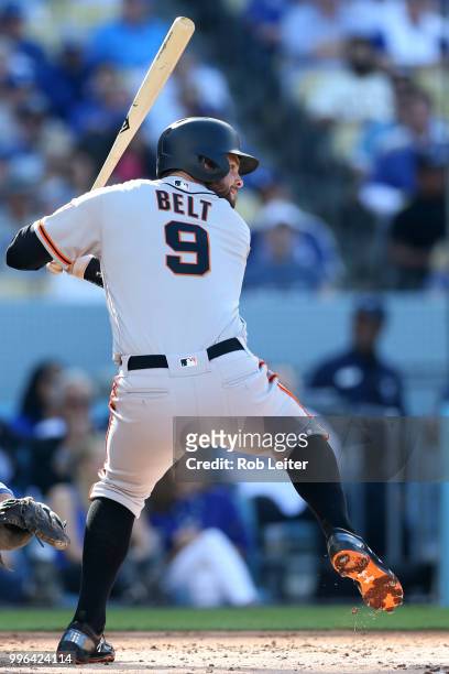 Brandon Belt of the San Francisco Giants bats during the game against the Los Angeles Dodgers at Dodger Stadium on Thursday, March 29, 2018 in Los...