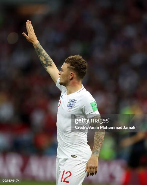 Kieran Trippier of England waves during the 2018 FIFA World Cup Russia Semi Final match between England and Croatia at Luzhniki Stadium on July 11,...