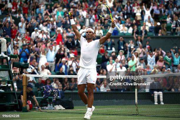 Rafael Nadal of Spain celebrates winning match point against Juan Martin Del Potro of Argentina during their Men's Singles Quarter-Finals match on...