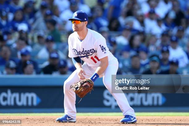 Logan Forsythe of the Los Angeles Dodgers plays third base during the game against the San Francisco Giants at Dodger Stadium on Thursday, March 29,...