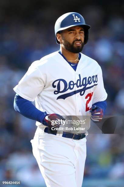 Matt Kemp of the Los Angeles Dodgers looks on during the game against the San Francisco Giants at Dodger Stadium on Thursday, March 29, 2018 in Los...