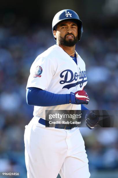 Matt Kemp of the Los Angeles Dodgers looks on during the game against the San Francisco Giants at Dodger Stadium on Thursday, March 29, 2018 in Los...