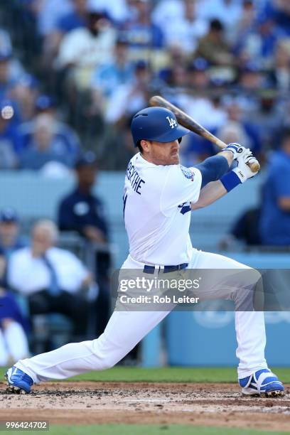 Logan Forsythe of the Los Angeles Dodgers bats during the game against the San Francisco Giants at Dodger Stadium on Thursday, March 29, 2018 in Los...