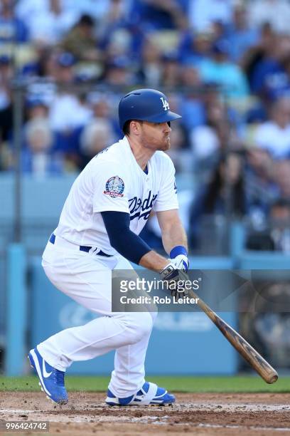 Logan Forsythe of the Los Angeles Dodgers bats during the game against the San Francisco Giants at Dodger Stadium on Thursday, March 29, 2018 in Los...