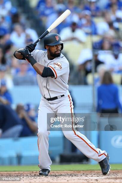 Austin Jackson of the San Francisco Giants bats during the game against the Los Angeles Dodgers at Dodger Stadium on Thursday, March 29, 2018 in Los...