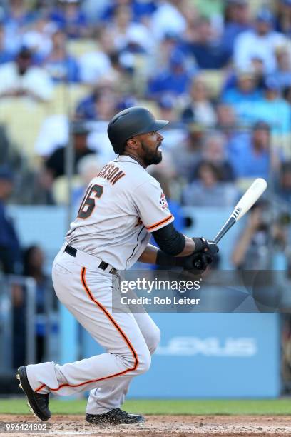 Austin Jackson of the San Francisco Giants bats during the game against the Los Angeles Dodgers at Dodger Stadium on Thursday, March 29, 2018 in Los...