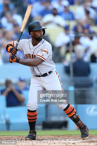 Andrew McCutchen bats of the San Francisco Giants during the game against the Los Angeles Dodgers at Dodger Stadium on Thursday, March 29, 2018 in...