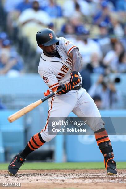 Andrew McCutchen bats of the San Francisco Giants during the game against the Los Angeles Dodgers at Dodger Stadium on Thursday, March 29, 2018 in...