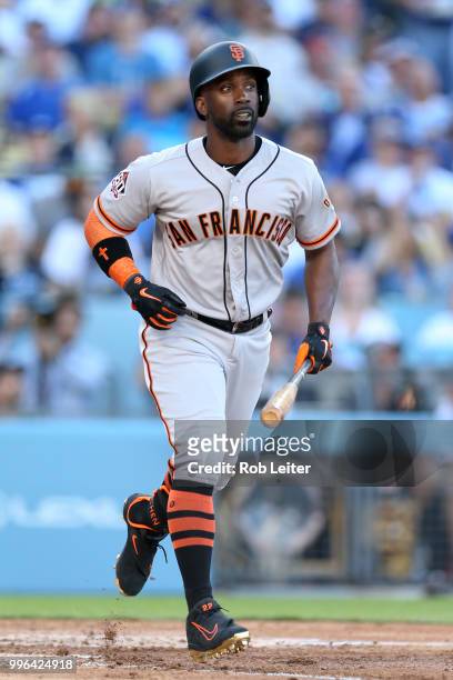 Andrew McCutchen bats of the San Francisco Giants during the game against the Los Angeles Dodgers at Dodger Stadium on Thursday, March 29, 2018 in...