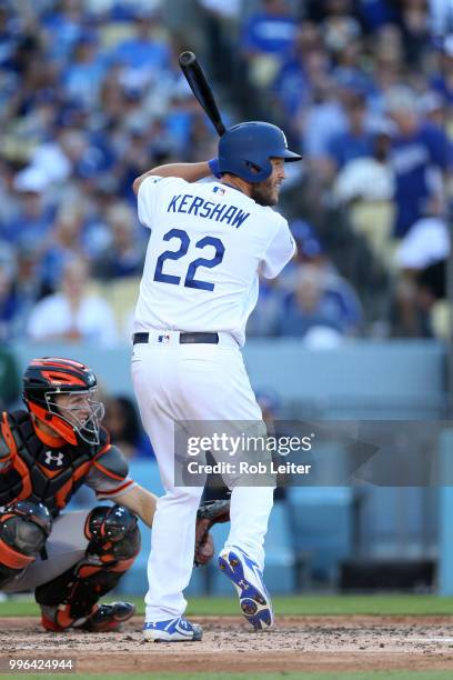 Clayton Kershaw of the Los Angeles Dodgers bats during the game against the San Francisco Giants at Dodger Stadium on Thursday, March 29, 2018 in Los...