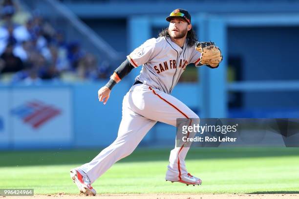 Brandon Crawford of the San Francisco Giants plays shortstop during the game against the Los Angeles Dodgers at Dodger Stadium on Thursday, March 29,...